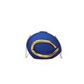 Front view of a dark blue oval evening clutch with gold C-shaped buckle and metal chain - Blue