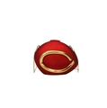Detail of red oval clutch bag with gold C-shaped clasp and delicate chain strap - Red