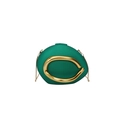 Detail of emerald green round evening bag with large gold C-clasp and delicate chain - Green