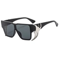 Y2K oversized black square sunglasses with silver flame metal trim on white background - Glossy Black Frame Grey Lens