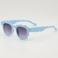 Light blue wave frame sunglasses for kids with purple gradient lenses on grey background - Blue Frame