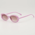 Fashionable pink kids' hollow frame sunglasses with brown gradient lenses at 45-degree angle - Purple