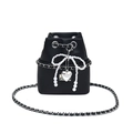 Elegant black lychee grain bucket bag with pearl bow pendant and silver heart charm - Black