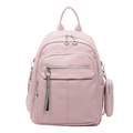 Detail of pink lychee leather backpack with silver zippers and mini coin purse - Pink