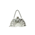 Close-up of a silver shell-shaped evening clutch bag with beaded handle and chain - Silver - Beaded Handle With Metal Chain (Type 2)