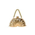 Macro detail of golden shell-shaped evening bag with radiant ribbing and pearl bead handle - Gold - Beaded Handle With Metal Chain (Type 2)
