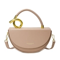 Elegante borsa a sella in pelle beige con manico ad anello dorato e tracolla - Cachi