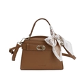 Brown lychee leather trapezoid handbag with metal twist lock and decorative silk scarf - Brown