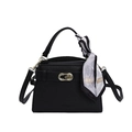 Black lychee leather Kelly handbag with gold metal lock and geometric silk scarf handle - Black