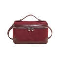 Detail of burgundy suede tote with heart-shaped metal zippers and leather trim - Burgundy