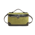 Detailed view of green suede mini handbag with black leather trim and heart zippers - Green