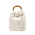 Bolso cubo crema elegante con asa redonda de madera y borlas de cuero de moda - Blanco