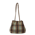 Klassische grün karierte Woll-Eimertasche mit goldener Kette für Damen Herbst Winter Stil - Grün