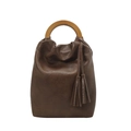 Bolso cubo de cuero marrón oscuro con asa redonda de madera y detalle de borla suave - Marrón