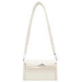Elegant cream white textured leather Kelly crossbody bag with woven trim and silver lock - White