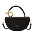 Fashionable black leather crescent saddle bag with stylish golden circular metal handle - Black