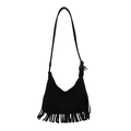 Detail of black faux suede shoulder bag featuring long fringe and knot metal accents - Black
