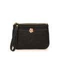 Cartera de muñeca en cuero repujado negro con adorno de flor de camelia dorada - Negro