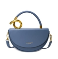 Gray-blue leather saddle bag featuring a knotted gold metal handle and a removable strap - Blue