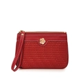 Detalle del monedero rojo oscuro de cuero sintético con rayas y adorno de flor dorada - Rojo