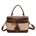 Sac à main rétro bicolore en toile et cuir marron avec garniture dorée brillante - Blanc Cassé