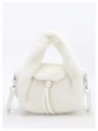 Detailed macro of white faux fur handbag texture with leather drawstring and silver hardware - White