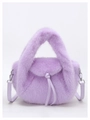 Detail of purple faux fur handbag featuring top handle and knotted leather strap - Purple