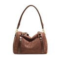 Détail du daim marron et des finitions dorées sur ce grand sac Boston pour femme - Marron / Petit
