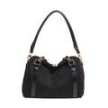 Détail du sac Boston en suédine noire avec lanières en cuir et ferrures dorées chic - Noir / Petit