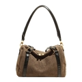 Détail d'un sac Boston en daim marron avec bordure en cuir noir et zips en métal doré - Vert / Petit