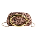 Detailed view of leopard print crossbody bag with large gold buckle and metal chain strap - Khaki
