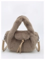 Chic fuzzy faux fur handbag in taupe gray with a detachable leather crossbody strap - Khaki