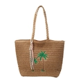 Grande borsa shopper in paglia estiva con ricamo di palme e nappina colorata decorativa - Cachi