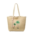 Grande borsa tote in paglia con ricamo a palma e cerniera per vacanze al mare - Bianco Sporco