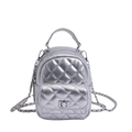 Mini quilted silver backpack with metallic chain strap and top handle in diamond pattern - Silver