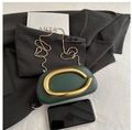 Minimalist dark green PU leather handbag with large gold C-ring and snake chain strap - Green