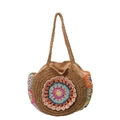 Ethno Strohtasche mit buntem Häkel-Mandala-Muster und gewebten Schulterriemen - Khaki
