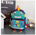 Detailed close-up of a blue and green robot-themed kids backpack for school - Green