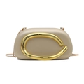 Modern beige acrylic clutch bag with large gold C-handle and thin metal chain strap - Gold
