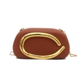 Brown capsule clutch bag with bold gold circular handle and detachable chain strap - Brown