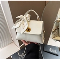 Glossy white crossbody bag with golden buckle and bear print silk scarf detail - Off White