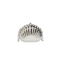 Macro detail of silver shell evening bag showing radial texture and metal clasp - Silver Without Handle