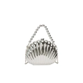 Detail of silver shell-shaped evening bag featuring bead handle and metal chain strap - Silver With Handle