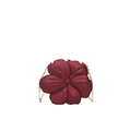 Close-up of deep red 3D floral acrylic evening clutch with gold metal chain strap - Burgundy