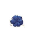 Close-up of dark blue acrylic flower evening bag with elegant gold metal chain strap - Blue