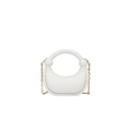 Detail of white half-moon acrylic evening bag with knot top handle and gold chain strap - White