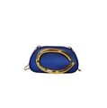 Detail of navy blue evening bag with oversized gold C-shaped metal hardware and chain - Blue