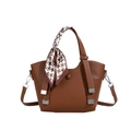 Brown lychee leather bucket bag with houndstooth silk scarf handle and crossbody strap - Brown