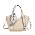 Chic beige lychee leather handbag with houndstooth scarf and adjustable strap - Beige