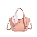 Pink lychee texture bucket bag with silk scarf handle and silver metal hardware - Pink